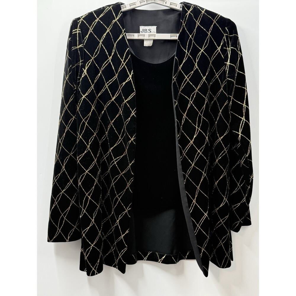 J.B.S. LTD. Size 12 Vintage Velvet Metallic Grid Open Front Jacket Black/Gold